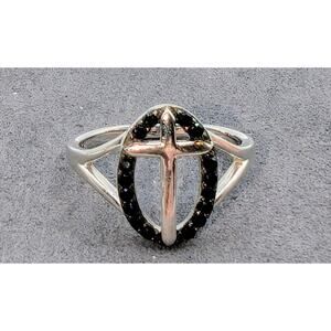 YGI Black Spinel  925 Sterling Silver Cross Ring Size 6.5